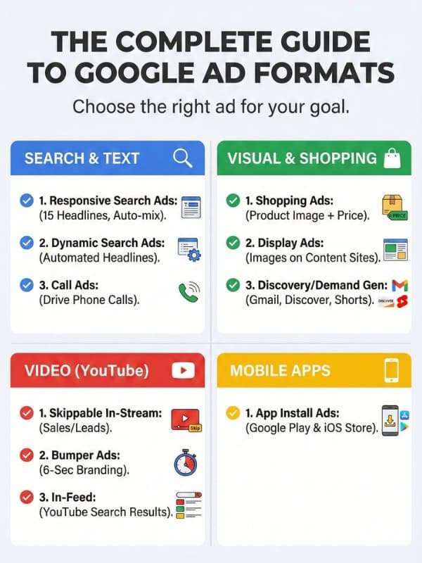 Complete guide showing Google Ads formats including search ads, display ads, video ads, shopping ads, and app install ads