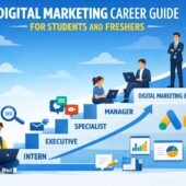 Digital Marketing Career Guide for Students and Freshers showing career growth from Intern to Digital Marketing Head with laptop, SEO, social media, and analytics icons.
