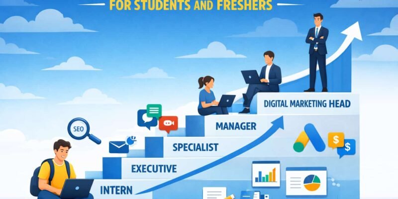 Digital Marketing Career Guide for Students and Freshers showing career growth from Intern to Digital Marketing Head with laptop, SEO, social media, and analytics icons.
