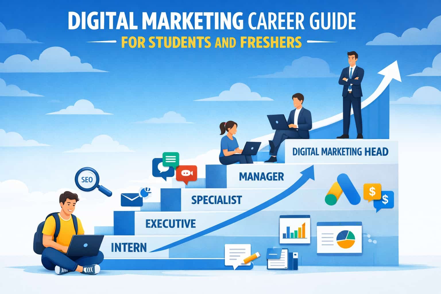 Digital Marketing Career Guide for Students and Freshers showing career growth from Intern to Digital Marketing Head with laptop, SEO, social media, and analytics icons.