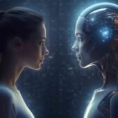 Futuristic concept showing a human woman facing an advanced AI humanoid robot with glowing circuits, symbolizing artificial intelligence and human technology interaction.