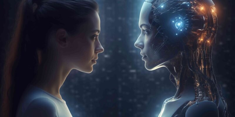 Futuristic concept showing a human woman facing an advanced AI humanoid robot with glowing circuits, symbolizing artificial intelligence and human technology interaction.