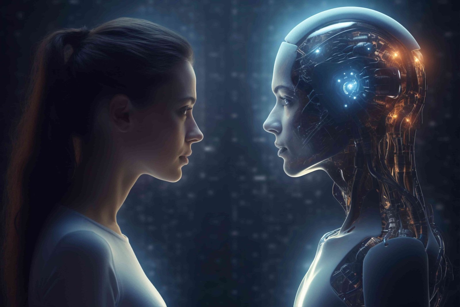 Futuristic concept showing a human woman facing an advanced AI humanoid robot with glowing circuits, symbolizing artificial intelligence and human technology interaction.