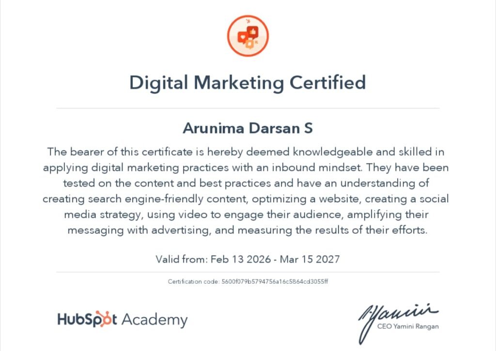 HubSpot Digital Marketing Certification awarded to Arunima Darsan S