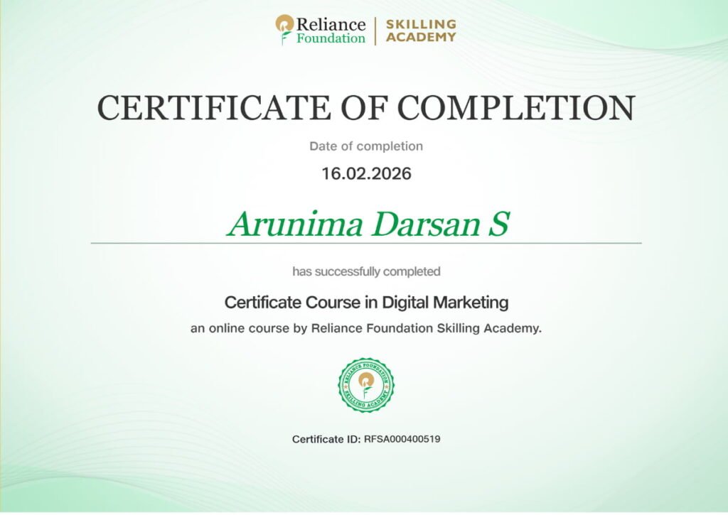 Reliance Foundation Skilling Academy Digital Marketing Certification awarded to Arunima Darsan S