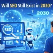 Futuristic illustration asking “Will SEO Still Exist in 2030?” featuring AI robot, digital dashboard, growth charts, and a city skyline representing the future of search engine optimization.