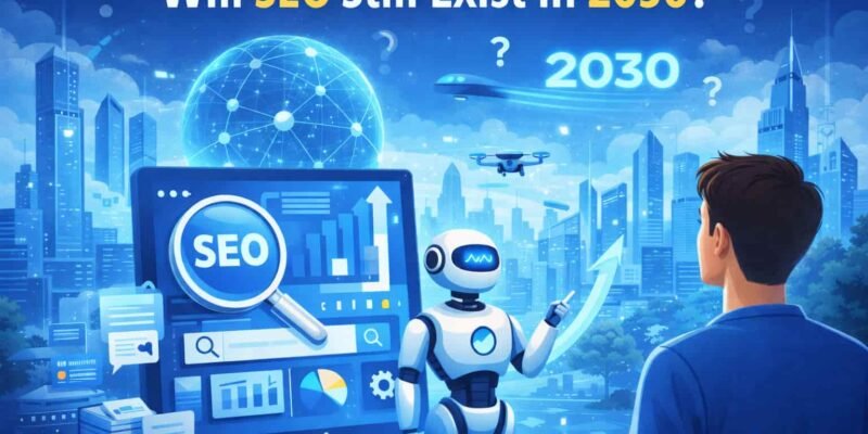 Futuristic illustration asking “Will SEO Still Exist in 2030?” featuring AI robot, digital dashboard, growth charts, and a city skyline representing the future of search engine optimization.