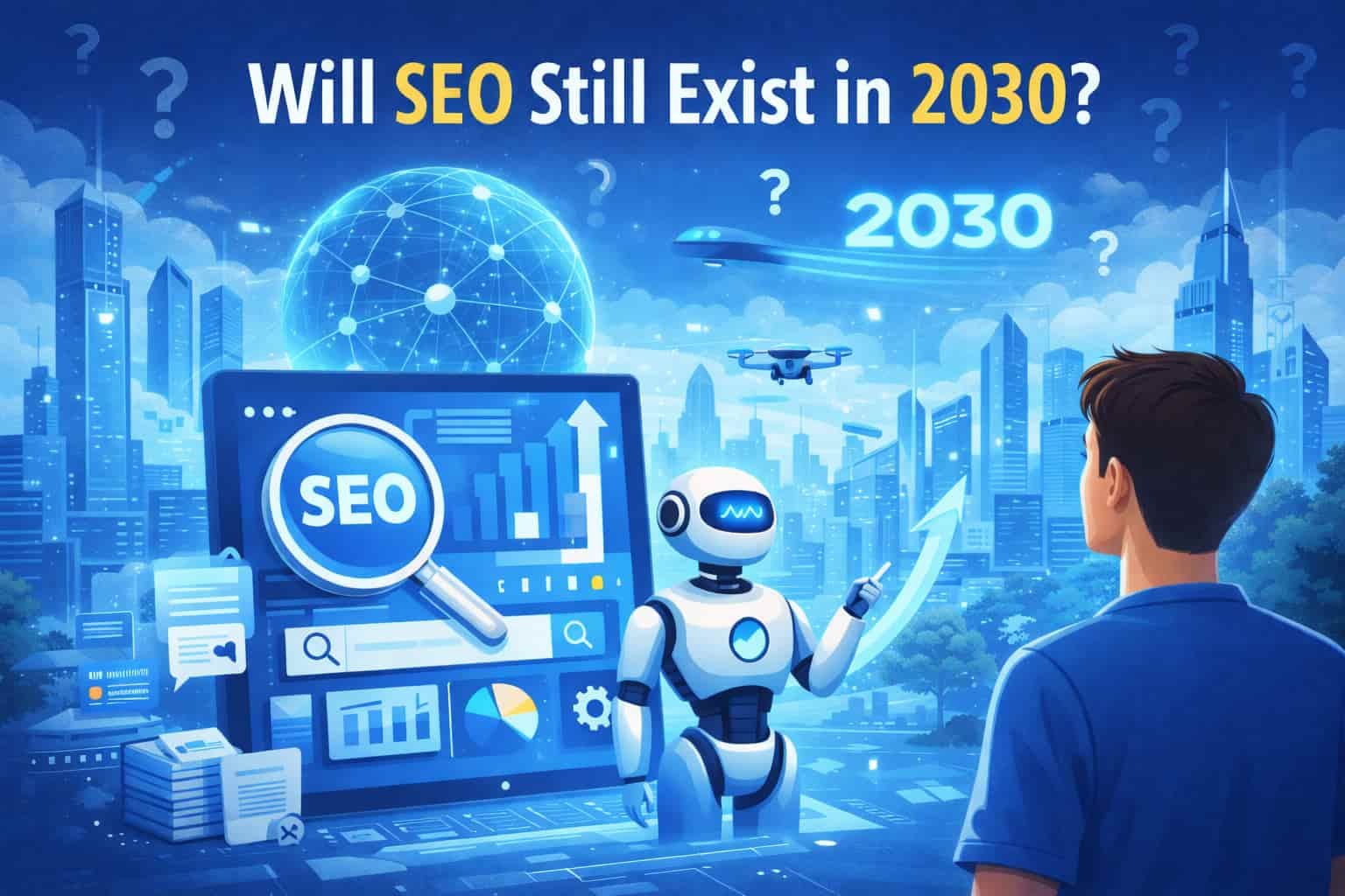 Futuristic illustration asking “Will SEO Still Exist in 2030?” featuring AI robot, digital dashboard, growth charts, and a city skyline representing the future of search engine optimization.